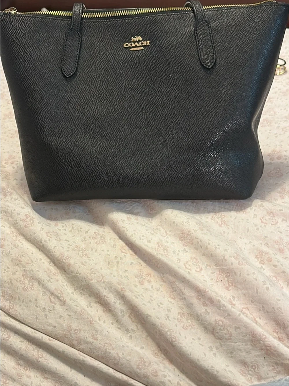 Coach Black Leather Tote with Gold Logo and Zip